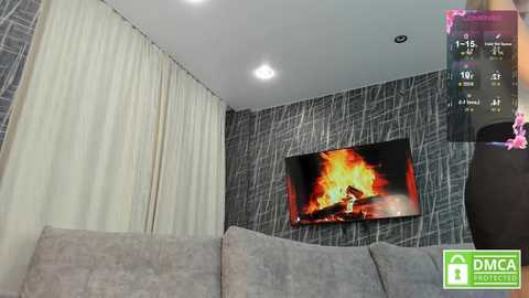 Media: Video of a modern living room with gray textured wallpaper, a large flat-screen TV displaying a fiery scene, a beige sofa, and a small digital thermometer.