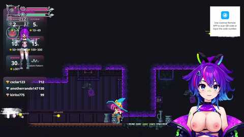 Media: A vibrant, pixelated screenshot from a video game featuring a purple-haired, busty female character with large breasts, set in a futuristic, neon-lit environment.