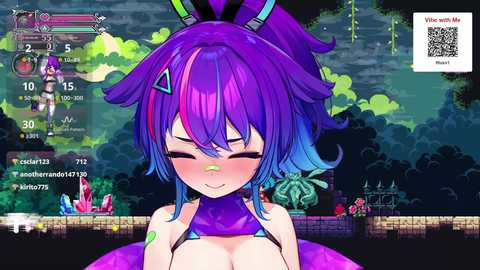 Media: A colorful, anime-style digital illustration of a busty, purple-haired girl with large eyes, blushing, in a fantasy setting.