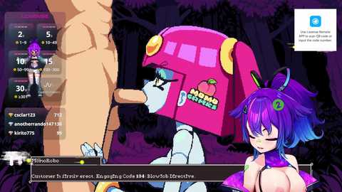 Media: A vibrant, pixelated anime-style digital illustration featuring a nude male character and a purple-haired anime girl with large breasts, performing oral sex. The background is a dark forest, and the scene includes a chat window with user statistics.