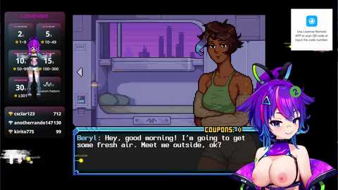 Media: This image is a digital pixel art screenshot from a video game. It features a busty, purple-haired anime girl in a revealing outfit, standing in a futuristic room with a purple and green color scheme.