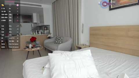 Media: Video of a modern, minimalist bedroom with a light wooden headboard, white bed, and gray curtains. A small kitchen area with stainless steel appliances is visible in the background.