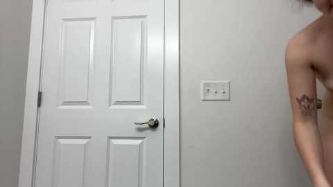 Media: A video of a bare-chested man with a tattoo on his right arm standing in front of a white door with a silver handle and a light switch on a grey wall.