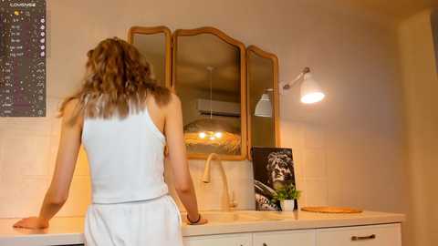 Media: Video of a woman with wavy brown hair, wearing a white tank top and pants, standing in a modern, minimalist bathroom with white tiles, a wooden-framed mirror, and a wall-mounted light fixture.