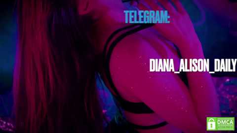 Media: A video of a woman with long, wavy brown hair, wearing a black strappy top, illuminated by neon purple lighting. Text reads \"TELEGRAM- Diana Alison Daily.\