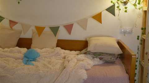 Media: Video of a cozy baby's room with a wooden crib, pastel-colored triangle banners, a stuffed blue bunny, a white comforter, and green ivy vines.