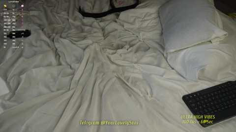 Media: A video shows a messy bed with wrinkled beige sheets, a black keyboard, and a pillow, taken from a low angle. Text overlays indicate a YouTube livestream recording.