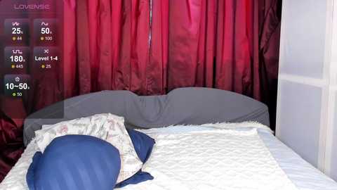 Media: Video of a cozy bedroom with a gray headboard, white quilted blanket, and a blue pillow. Rich, deep red curtains cover the background, and a digital thermometer display shows 20.5 degrees Celsius.