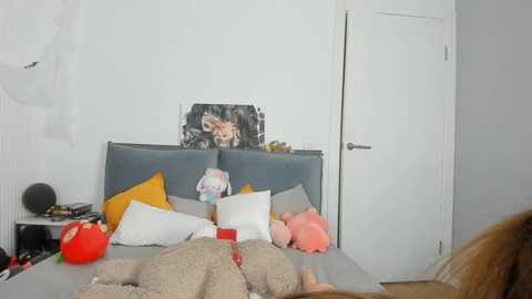 Media: Video of a cluttered, small bedroom with a white door, white walls, a gray headboard, and colorful pillows, including a red teddy bear.