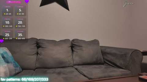 Media: Video of a modern living room with a gray sectional sofa and plush throw pillows, a star-shaped wall decoration, and a digital display showing user statistics.