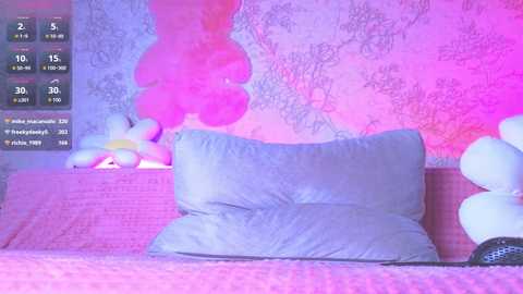 Media: A video of a pink-themed bedroom with a light purple bed and fluffy white pillows, featuring a large, fluffy white bunny on the left. The background is a textured, pastel pink wall with a pink flower design.