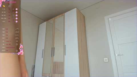 Media: Video of a minimalist, modern bedroom with light-colored wooden wardrobe and white door, featuring a digital overlay with a pink flower icon.