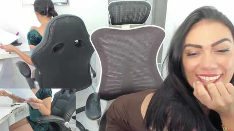 Media: Video of a young Latina woman with long black hair and fair skin, smiling, in a modern office chair with a brown mesh back, wearing a brown top. Another woman with dark hair is seated behind a desk.