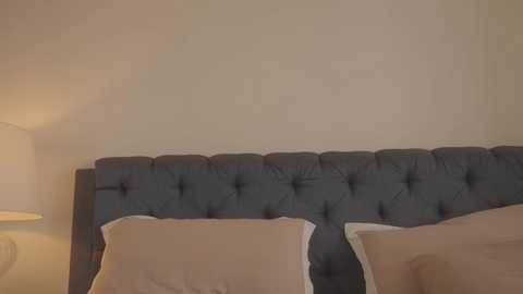 Media: A video of a modern bedroom with a plush, dark blue tufted headboard, beige pillows, and a warm, beige wall.