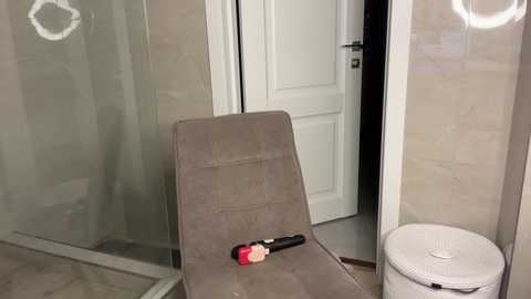 Media: Video of a modern bathroom with a beige recliner chair, a white toilet, and a shower area with frosted glass doors. A red and black hairdryer is on the chair.