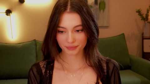 Media: Video of a young woman with long dark hair, fair skin, wearing a sheer black top, seated on a green couch in a warmly lit living room.