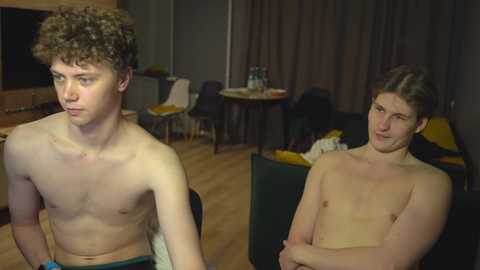 Media: Video of two shirtless teenage boys, one with curly hair, one with straight hair, in a dimly lit living room, with chairs and a table in the background.