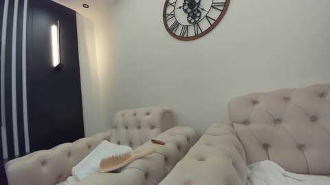 Media: Video of a modern living room with beige tufted sofas, a round wall clock, and a black door with vertical white stripes.