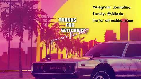 Media: A vibrant digital artwork features a silhouetted palm tree against a sunset cityscape, with a weathered, metallic car in the foreground. Text reads \"Thanks For WATTIN' for the fanily @Aluda_Insta.\