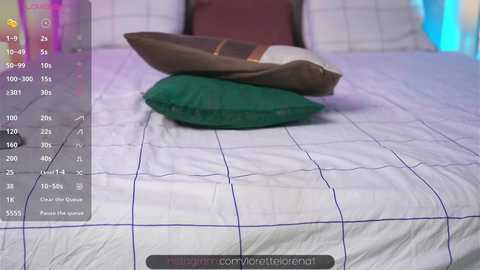 Media: Video of a neatly made bed with a white quilted bedspread, two pillows in shades of brown and green, and a digital calendar overlay on the left.