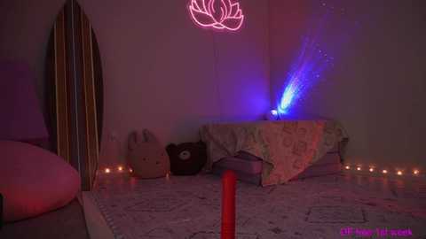 Media: Video of a dimly lit room with a plush bed, a red dildo on the floor, a neon lotus on the wall, and a glowing blue light.