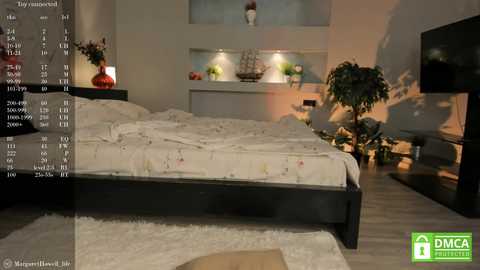 Media: Video of a modern, minimalist bedroom with a black wooden bed, white bedding, a green plant, and a flat-screen TV. The background features a white wall with built-in shelves.