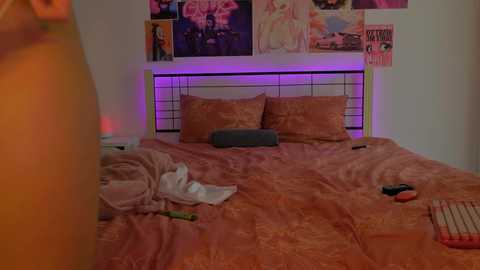 Media: Video of a dimly lit bedroom with a bed covered in a patterned, pink comforter. The headboard is metal with a purple LED strip. Posters of anime characters adorn the wall, and scattered objects like a phone, toys, and clothes are on the bed.