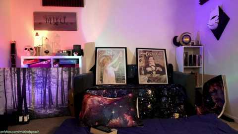 Media: Video of a colorful, eclectic room with a purple and blue theme. A couch with a galaxy-patterned throw pillow sits against a wall adorned with framed vintage magazines and posters. A small bookshelf and a musical instrument stand complete the scene.