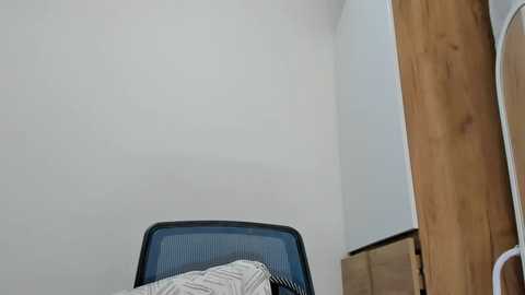 Media: Video of a minimalist room with a white wall, a blue mesh chair with a striped cushion, a wooden beam, and cardboard boxes in the corner.