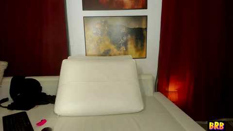 Media: Video of a modern hotel room with a white pillow on a white bed, a black phone on the left, and a red curtain behind.