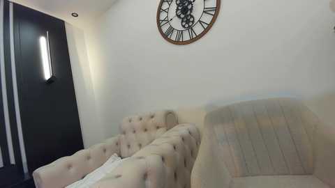 Media: Video of a minimalist living room featuring a beige, tufted sofa with a muted plaid throw, a black door with vertical slats, and a large, round clock with Roman numerals on a white wall.