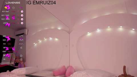 Media: Video of a pink, inflatable, heart-shaped bed with a plushy pink dog, surrounded by a dimly lit, white room with soft, ambient lighting.