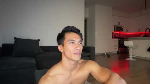 Media: Video of a shirtless Asian man with short black hair, sitting in a modern living room with a dark sofa, a kitchen with red lighting, and a minimalist decor.