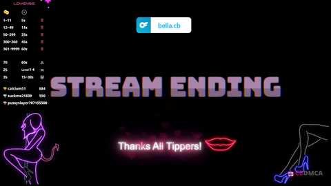 Media: A digital screenshot from a streaming platform shows the \"Stream Ending\" screen with neon purple and pink text and icons, including a pink lipstick, a heart, and a sexy anime-style illustration of a woman.