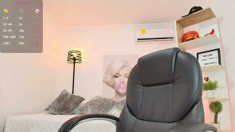 Media: Video of a modern living room with a black leather chair, a large Marilyn Monroe print, a standing lamp, and a white wall-mounted shelf.