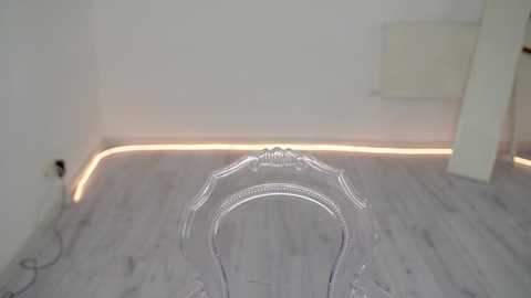 Media: Video of a minimalist room with a white wall and light gray wooden floor. A clear, ornate, vintage-style chair sits in the foreground, casting a soft light from a single, glowing LED strip running along the floor and wall.