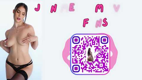 Media: Video of a topless woman with medium breasts, wearing black lingerie and thigh-high stockings, next to a QR code with a nude woman. Background features pink text \"JEN MS FNS.\