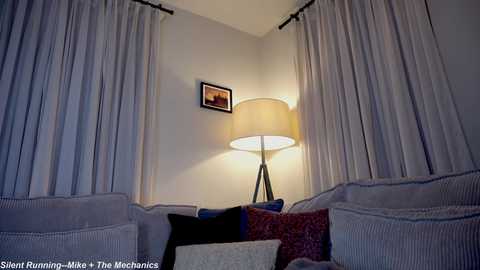 Media: Video of a cozy living room corner with beige curtains, a floor lamp, and a sofa adorned with patterned cushions.