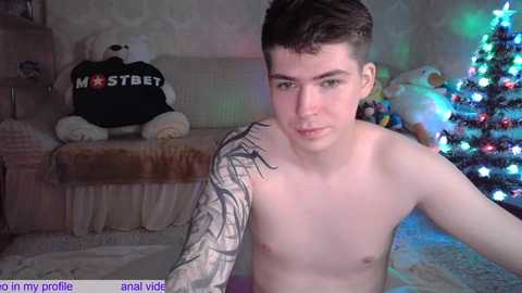 Media: Video of a shirtless, light-skinned, young man with short dark hair and a large tattoo on his right arm, posing in a cozy, softly lit room with a Christmas tree and plush toys.