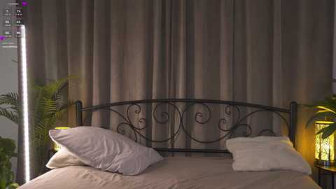 Media: Video of a dimly lit bedroom with a black wrought iron bed frame, beige bedspread, white pillows, and dark curtains. Green plants and a yellow-lamp table are visible on either side.