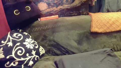 Media: Video of a bed with a dark green duvet, an orange quilt, a black pillow with white floral pattern, and a brown pillow, all on a red bed frame.