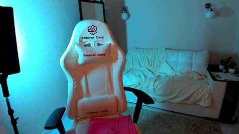 Media: Video of a gaming setup with a white, ergonomic gaming chair featuring a Kawaii Camp logo, surrounded by a dimly lit room with a white couch and a TV stand.