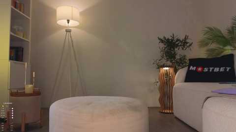 Media: Video of a modern, minimalist living room with beige walls, a white ottoman, a wooden side table with candles, a tall floor lamp, a white sofa, and a potted plant.