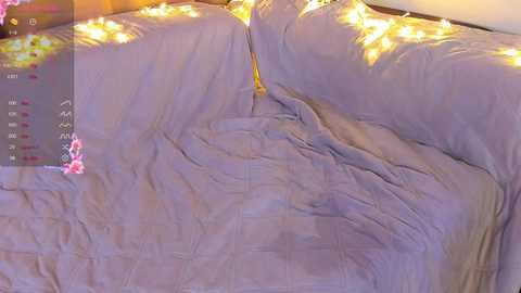 Media: A video of a bed covered with a gray, wrinkled comforter, adorned with warm, yellow string lights and pink floral decorations. The background is a light-colored wall, creating a cozy, intimate setting.