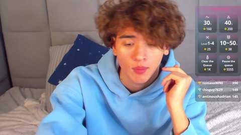 Media: A video of a young man with curly brown hair, wearing a blue hoodie, lying on a bed with a grey headboard. The image overlays Twitch chat, showing viewers and stream stats.