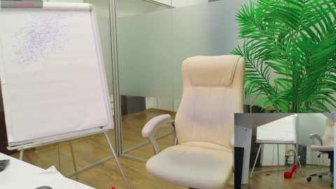 Media: Video of a modern office conference room with a beige ergonomic chair, a whiteboard, a potted plant, a glass table, and light-colored hardwood flooring.