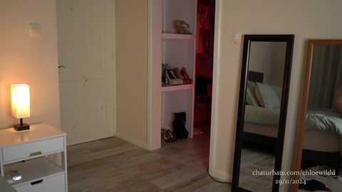 Media: Video of a modern, minimalistic bedroom with a closed door, white shelves, a mirror, a lamp, and a bed in the background.