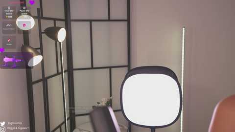 Video of a modern indoor studio with a white lightbox, black-framed screen divider, and three adjustable lamps. The background shows a minimalistic setting with a wooden floor and a small potted plant.