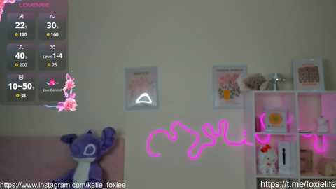 Media: A video of a pastel-colored bedroom wall adorned with a plush purple bear, a pink neon sign, and a white bookshelf with framed pictures and decorations.