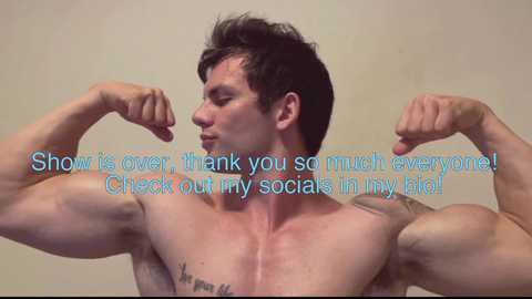 Media: Video of a shirtless, muscular man with short, dark hair flexing his biceps. Text overlay in blue: \"Show is owner, thank you so much everyone! C. Check out my socials in my bio!\